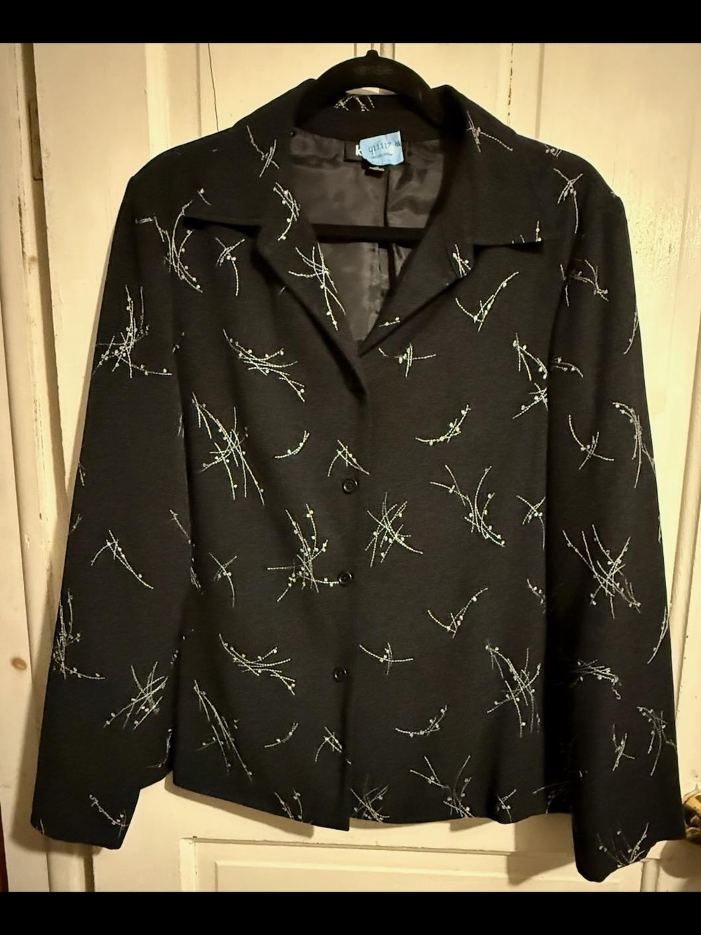 Kasper Black Blazer with Light Gray Embroidered Branch Pattern